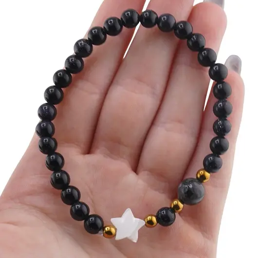 Bratara Goldstone albastru sfere 6mm, Larvikit 8mm si steluta din Sidef 10mm cu bumbi aurii, imagine 4