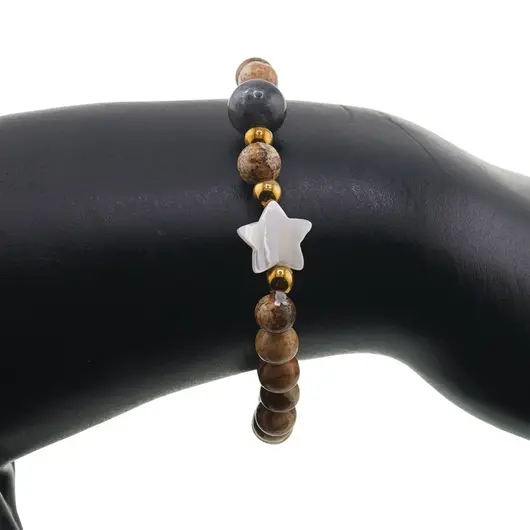 Bratara Jasp peisaj sfere 6mm, Larvikit 8mm si steluta din Sidef 10mm cu bumbi aurii, imagine 3