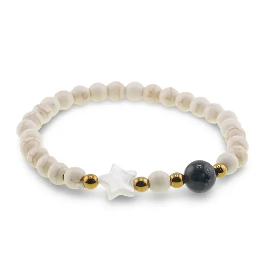 Bratara Magnezit sfere 6mm, Larvikit 8mm si steluta din Sidef 10mm cu bumbi aurii, imagine 2