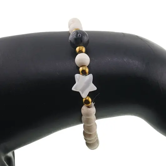 Bratara Magnezit sfere 6mm, Larvikit 8mm si steluta din Sidef 10mm cu bumbi aurii, imagine 3