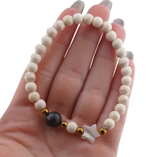 Bratara Magnezit sfere 6mm, Larvikit 8mm si steluta din Sidef 10mm cu bumbi aurii, imagine 4