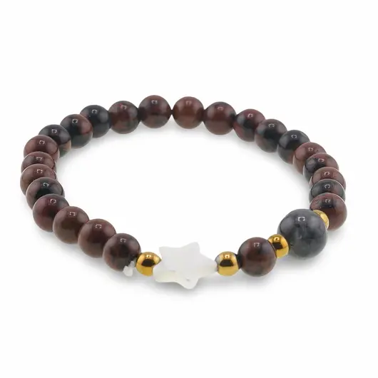 Bratara Obsidian mahon sfere 6mm, Larvikit 8mm si steluta din Sidef 10mm cu bumbi aurii, imagine 2