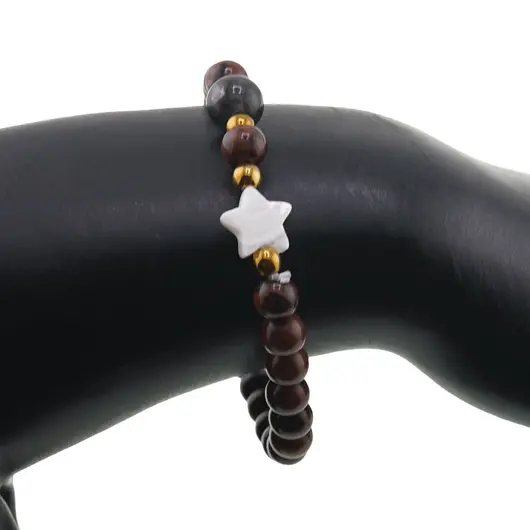 Bratara Obsidian mahon sfere 6mm, Larvikit 8mm si steluta din Sidef 10mm cu bumbi aurii, imagine 3
