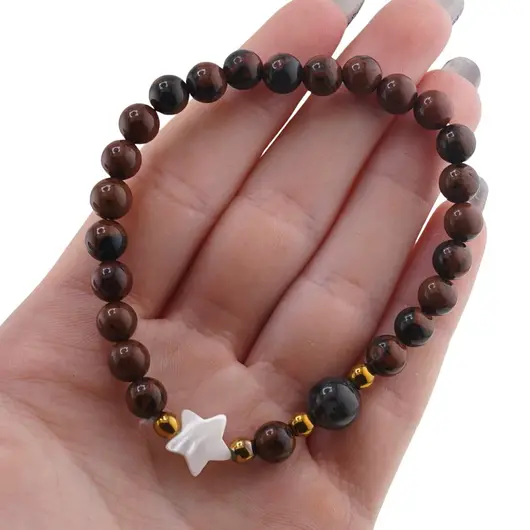 Bratara Obsidian mahon sfere 6mm, Larvikit 8mm si steluta din Sidef 10mm cu bumbi aurii, imagine 4