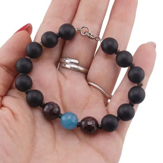 Bratara Onix negru sfere mate, Granat si Angelit Sfere fatetate 10mm, Turmalina multicolora discuri 3mm, imagine 3