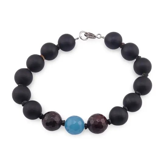 Bratara Onix negru sfere mate, Granat si Angelit Sfere fatetate 10mm, Turmalina multicolora discuri 3mm