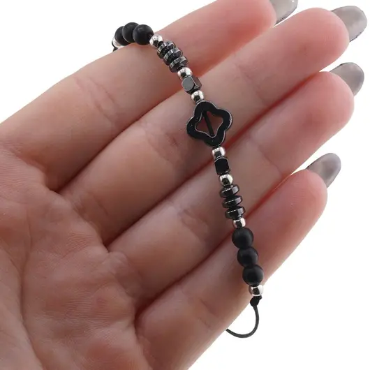 Bratara reglabila pe snur cu Onix negru mat sfere si Hematit floare perforata si discuri, imagine 3