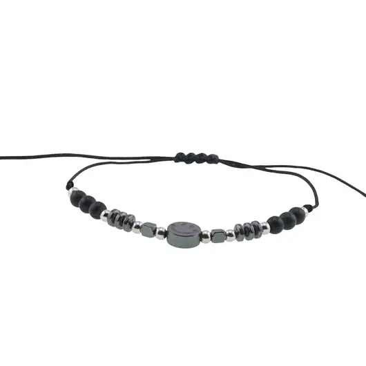 Bratara reglabila pe snur cu Onix negru mat sfere si Hematit smiley face si discuri, imagine 2