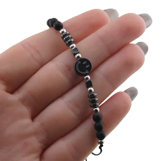 Bratara reglabila pe snur cu Onix negru mat sfere si Hematit smiley face si discuri, imagine 3