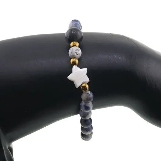 Bratara Sodalit sfere 6mm, Larvikit 8mm si steluta din Sidef 10mm cu bumbi aurii, imagine 3
