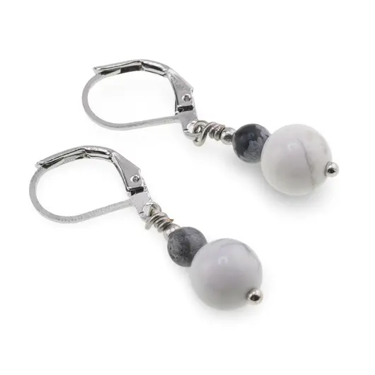 Cercei cu agatatoare Howlit sfere 8mm si Obsidian fulg de nea sfere 4mm