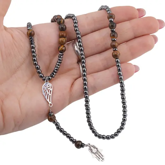 Colier din Hematit si Ochi de tigru, cu simbol Hamsa si aripa de inger, imagine 5