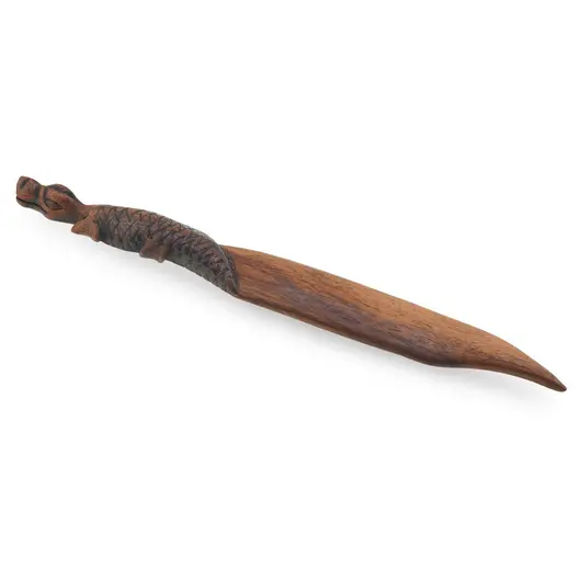 Cutit decorativ vintage din lemn sculptat manual, maner cu crocodil, 27,5cm