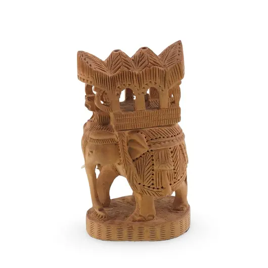 Figurina elefant vintage din lemn sculptat manual, cu turn decorativ, 8cm
