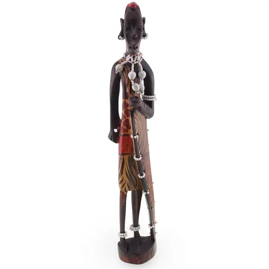 Statueta africana vintage din lemn sculptat manual, cu margele si scoici, 30,5cm