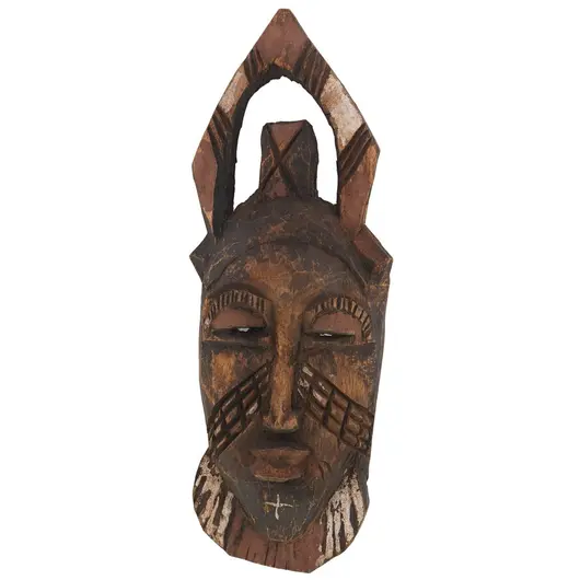 Masca africana vintage din lemn sculptat manual, model cu corn si detalii albe, 24cm