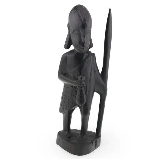 Statueta africana vintage din lemn sculptat manual, pescar cu sulita si peste, 16cm
