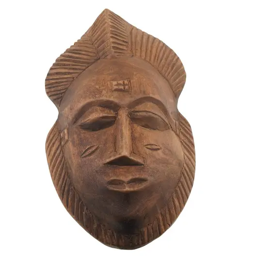 Masca africana vintage din lemn sculptat manual, model frunza si fata stilizata, 18,5cm