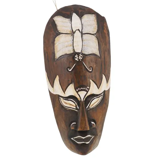Masca africana vintage din lemn sculptat manual, decorata cu fluture alb, 20cm