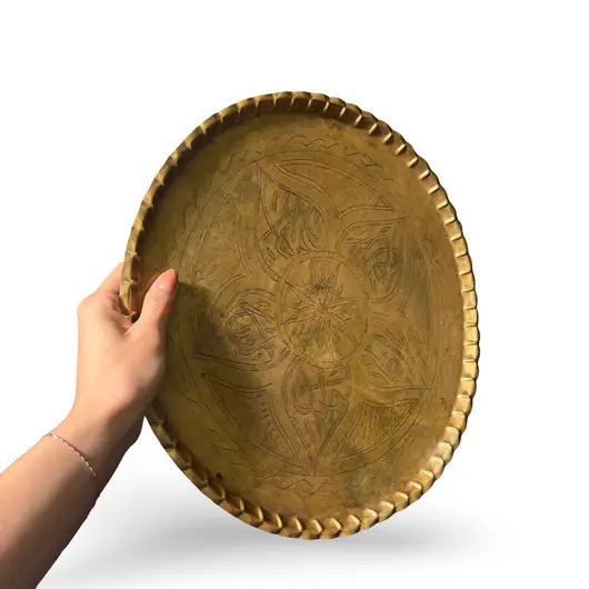 Tava rotunda vintage din alama gravata, model stea orientala, 37cm, imagine 3