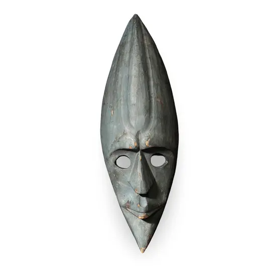 Masca africana vintage din lemn sculptat manual, model alungit cu finisaj patinat, 49cm