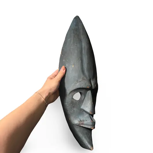 Masca africana vintage din lemn sculptat manual, model alungit cu finisaj patinat, 49cm, imagine 3