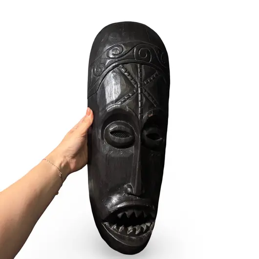 Masca africana vintage din lemn inchis, model razboinic cu colti sculptati, 48,5cm, imagine 3