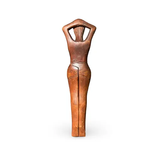 Statueta africana vintage din lemn, femeie stilizata cu bratele ridicate, 32,5cm, imagine 2