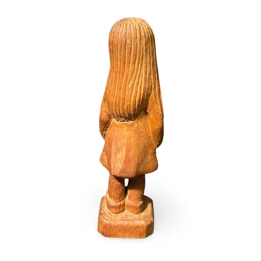 Statueta vintage din lemn sculptat manual, fetita cu par lung si floare, 28cm, imagine 2