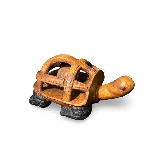 Figurina vintage din lemn sculptat manual, broasca testoasa cu bila mobila, 23cm