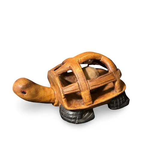 Figurina vintage din lemn sculptat manual, broasca testoasa cu bila mobila, 23cm, imagine 2