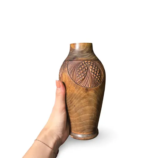 Vaza vintage din lemn sculptat manual, model geometric decorativ, 19cm, imagine 3