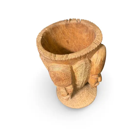 Vas decorativ vintage din lemn sculptat, cu patru fete africane in relief, 28cm, imagine 2