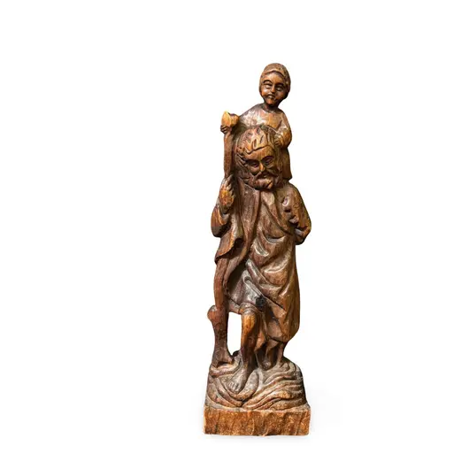 Statueta religioasa vintage din lemn sculptat manual, Calugar cu Prunc, 43cm