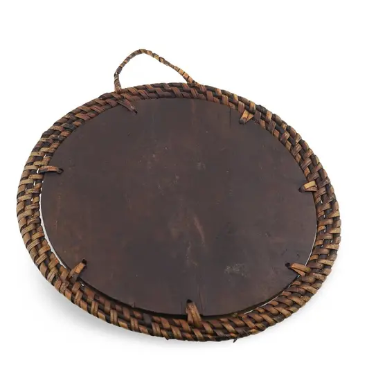 Masca decorativă rotundă vintage din lemn sculptat manual, față zâmbitoare, 20cm, imagine 2