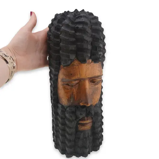 Decoratiune africana vintage din lemn sculptat manual, model barbat cu barba si par crestat, 28cm, imagine 3