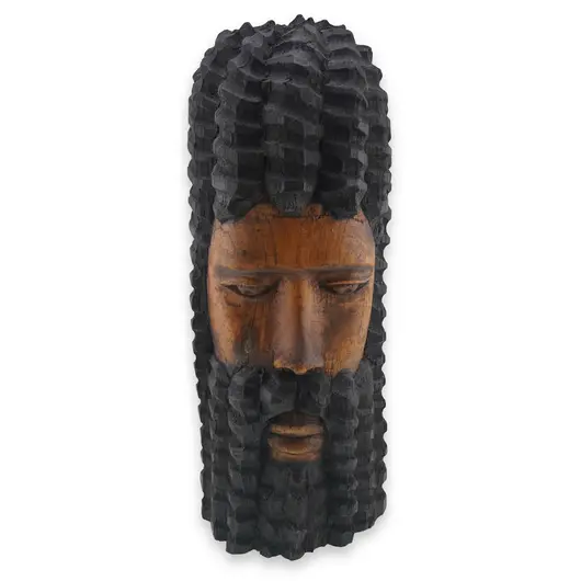Decoratiune africana vintage din lemn sculptat manual, model barbat cu barba si par crestat, 28cm