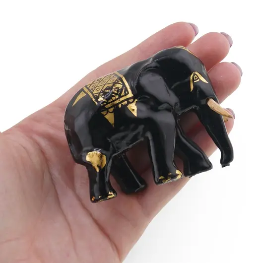 Figurina elefant vintage, model negru cu decor auriu pictat manual, 6cm, imagine 3