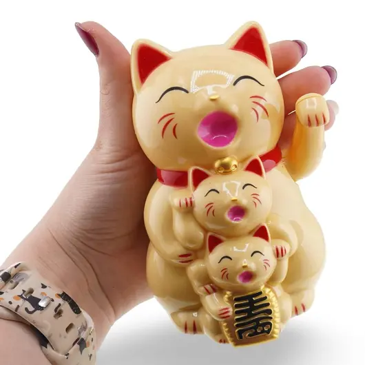 Pisica norocoasa Maneki Neko galbena cu pui, 11cm, imagine 3