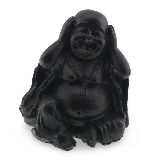 Statueta Buddha vintage neagra din rasina, gestul "nu auzi raul”, 10cm