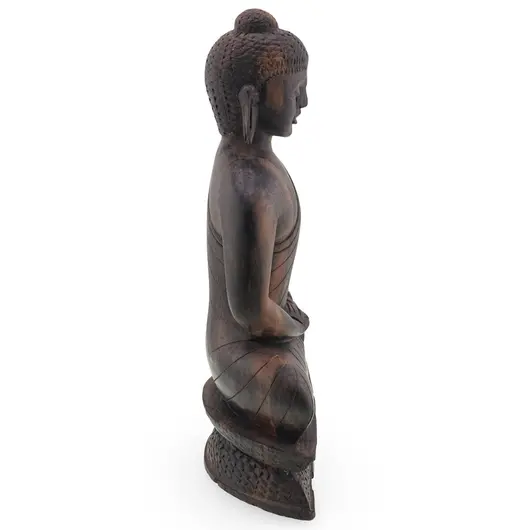 Statueta Buddha vintage din lemn sculptat manual, finisaj ars, 21cm, imagine 2