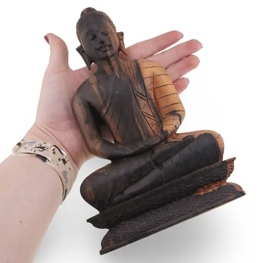Statueta Buddha vintage din lemn sculptat manual, finisaj ars, 21cm, imagine 3