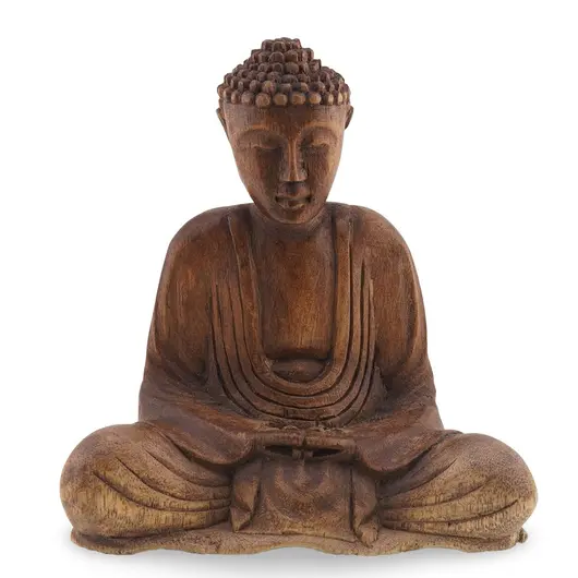 Statueta Buddha vintage din lemn sculptat manual, finisaj natural, 16cm