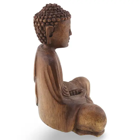 Statueta Buddha vintage din lemn sculptat manual, finisaj natural, 16cm, imagine 2