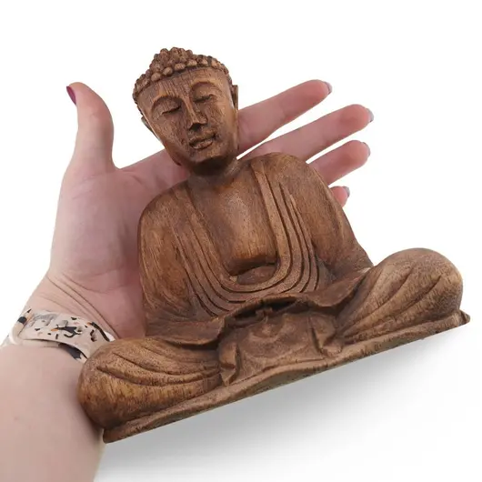 Statueta Buddha vintage din lemn sculptat manual, finisaj natural, 16cm, imagine 3