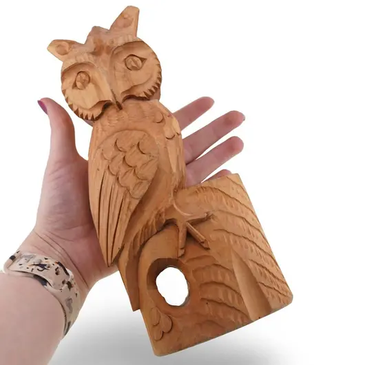 Suport creioane vintage din lemn sculptat manual, in forma de bufniță, 22cm, imagine 3