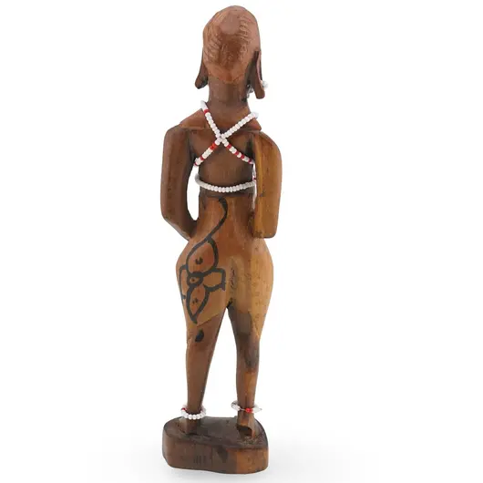Statueta africana vintage din lemn sculptat manual, femeie cu margele, 21cm, imagine 2