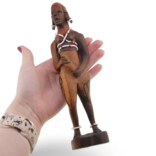 Statueta africana vintage din lemn sculptat manual, femeie cu margele, 21cm, imagine 3