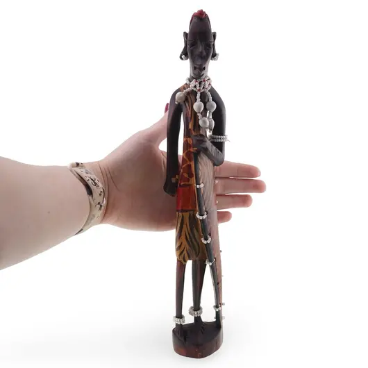 Statueta africana vintage din lemn sculptat manual, cu margele si scoici, 30,5cm, imagine 3