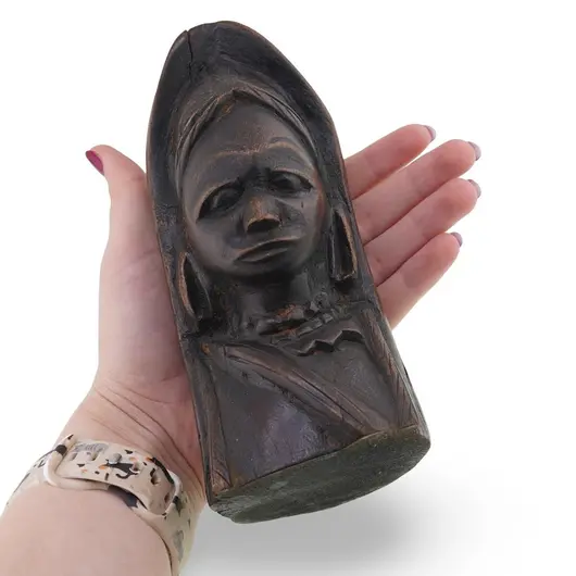 Bust vintage din lemn sculptat manual, femeie cu voal, 16cm, imagine 3